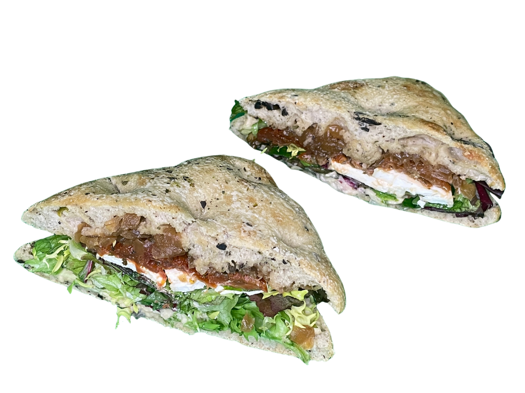 Focaccia de Tomate seco, Hummus, Lechuga y Queso de cabra