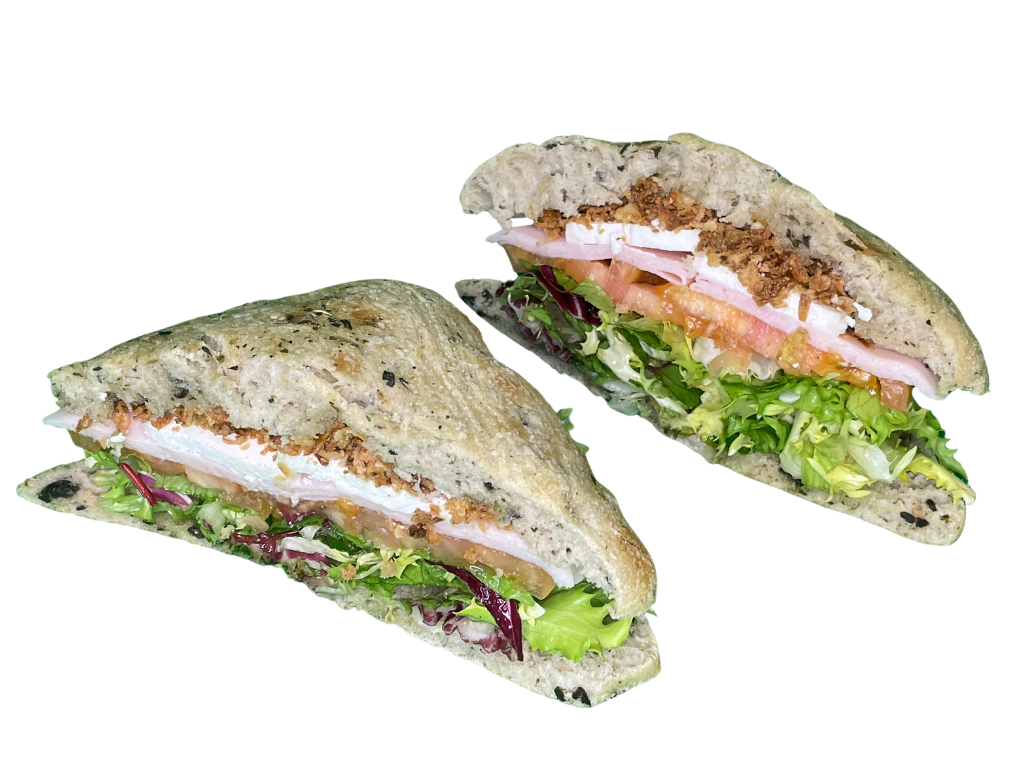 Focaccia de Pavo, Queso de Cabra, Lechuga y Cebolla crujiente